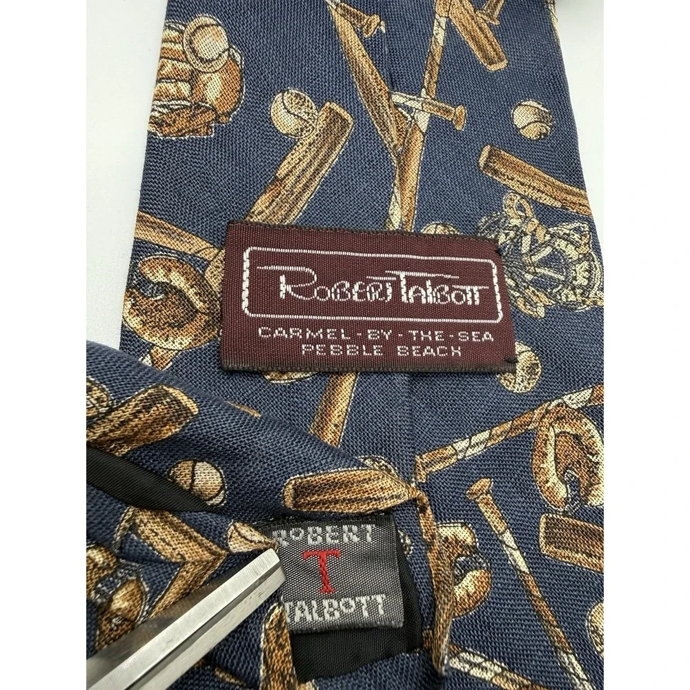 Robert Talbott Carmel By The Sea Silk Tie Baseball Bats Balls Gloves Navy USA